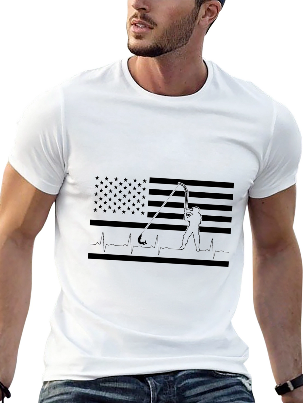 Fishing Flag Heartbeat T-Shirt - Black Cotton Tee