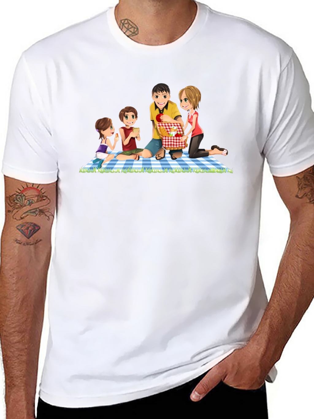 Family Picnic T-Shirt - Black Crew Neck