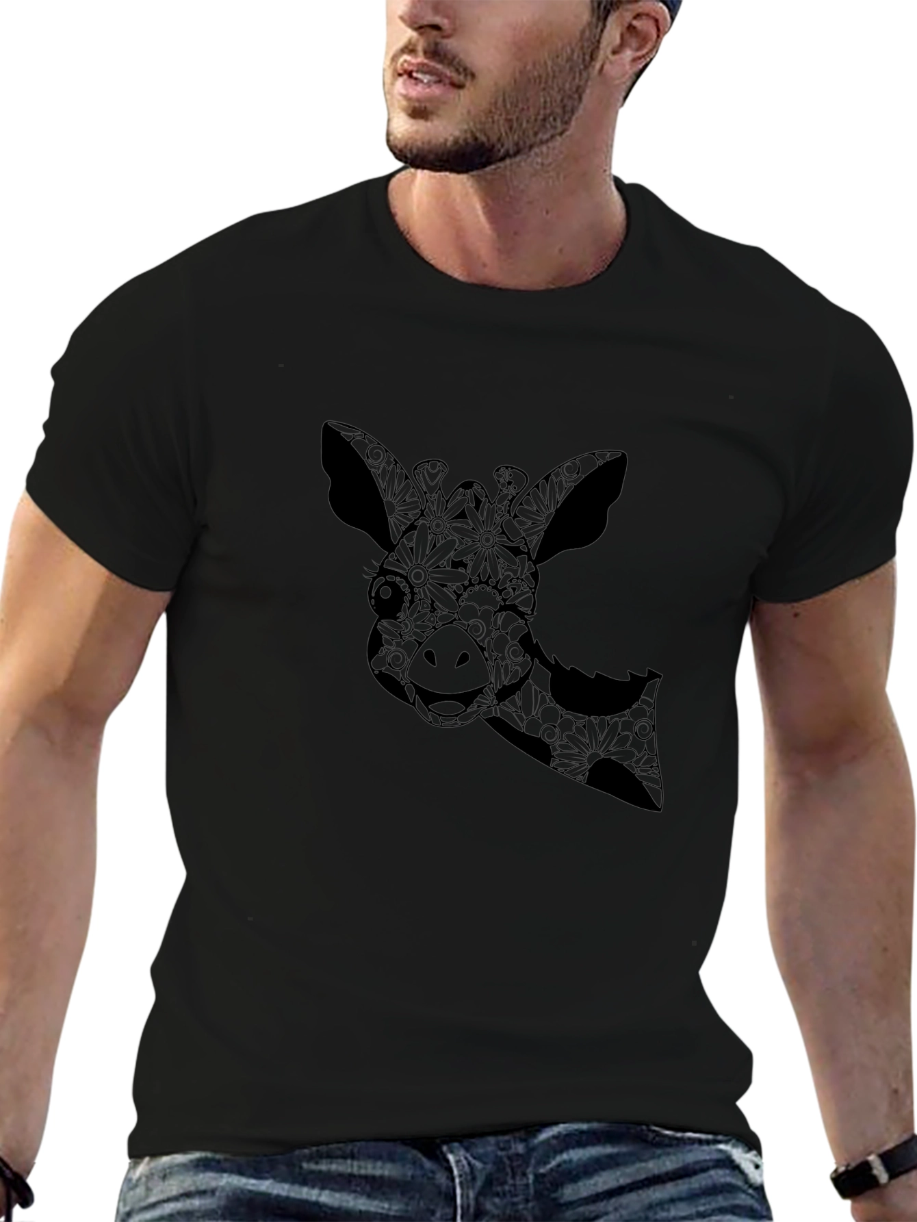 Giraffe Floral Print Black T-Shirt