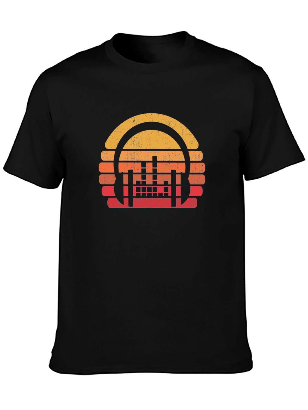Retro Sunset Headphones Black T-Shirt