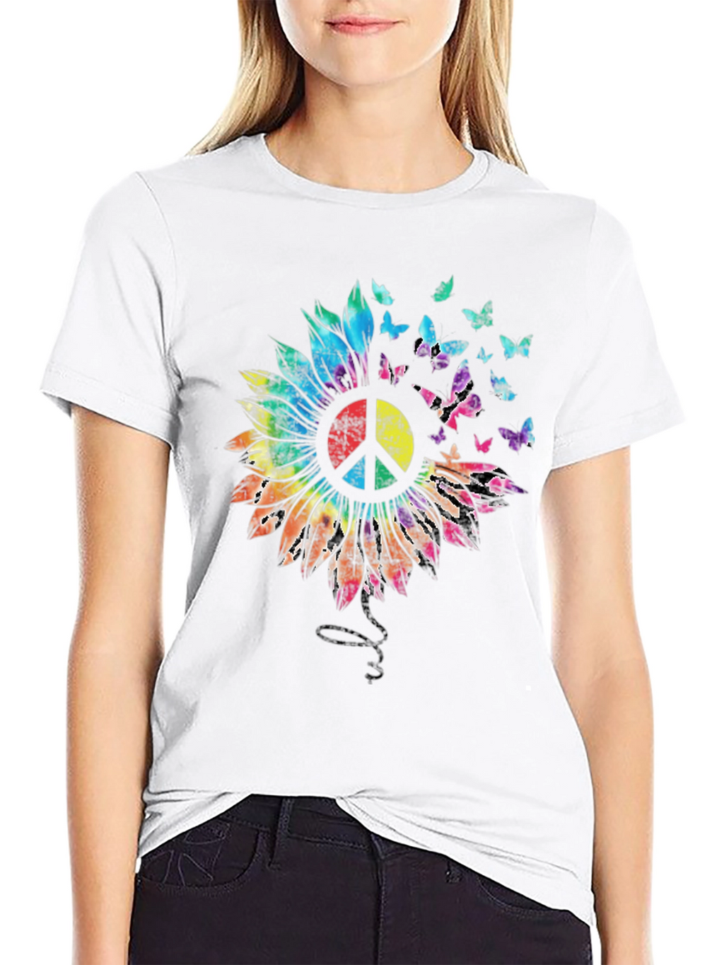 Sunflower Peace Sign Butterfly Graphic T-Shirt