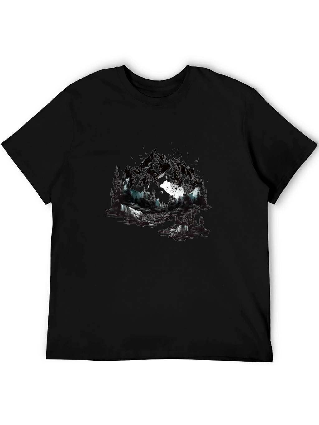 Abstract Mountain & Wolf Graphic Tee - Black