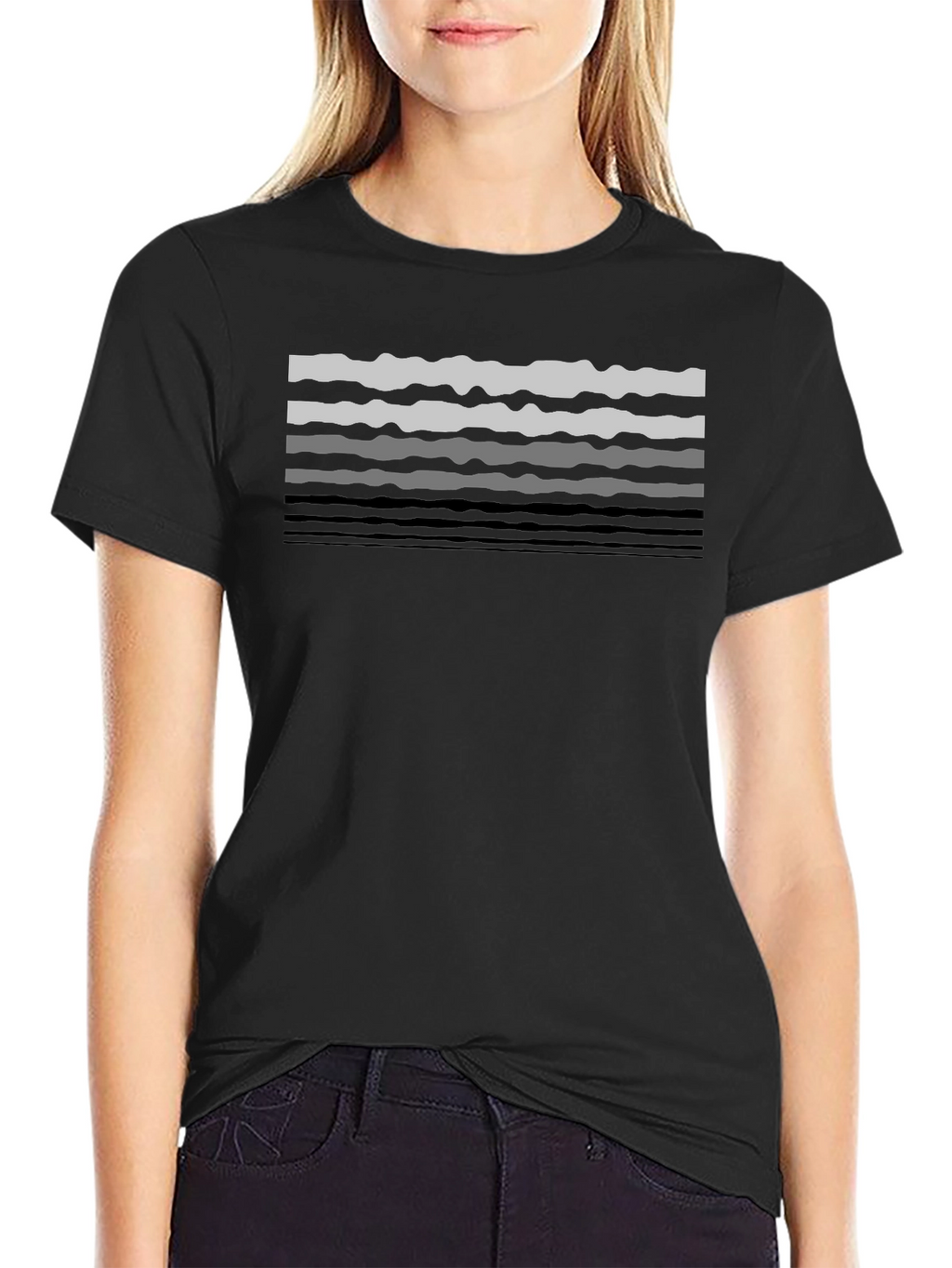 Wavy Lines Graphic Tee - Black Cotton Casual T-Shirt