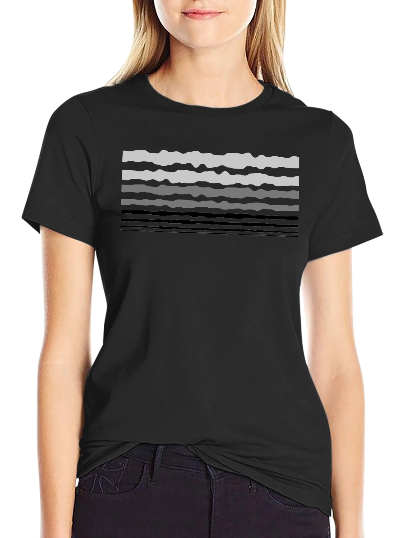 Wavy Lines Graphic Tee - Black Cotton Casual T-Shirt
