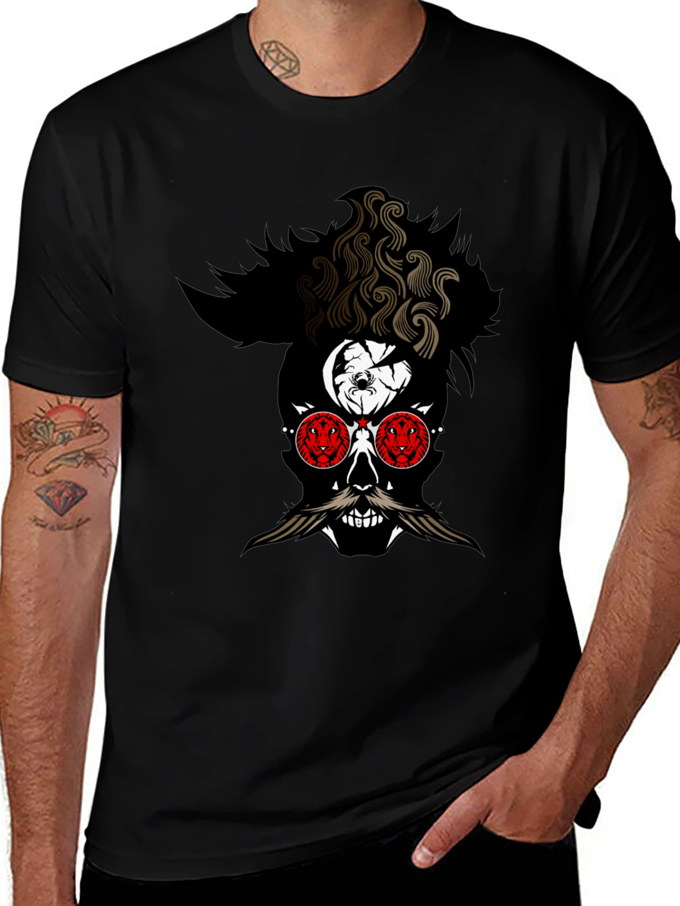 Skull with Mustache Graphic Tee - Mens Black T-Shirt