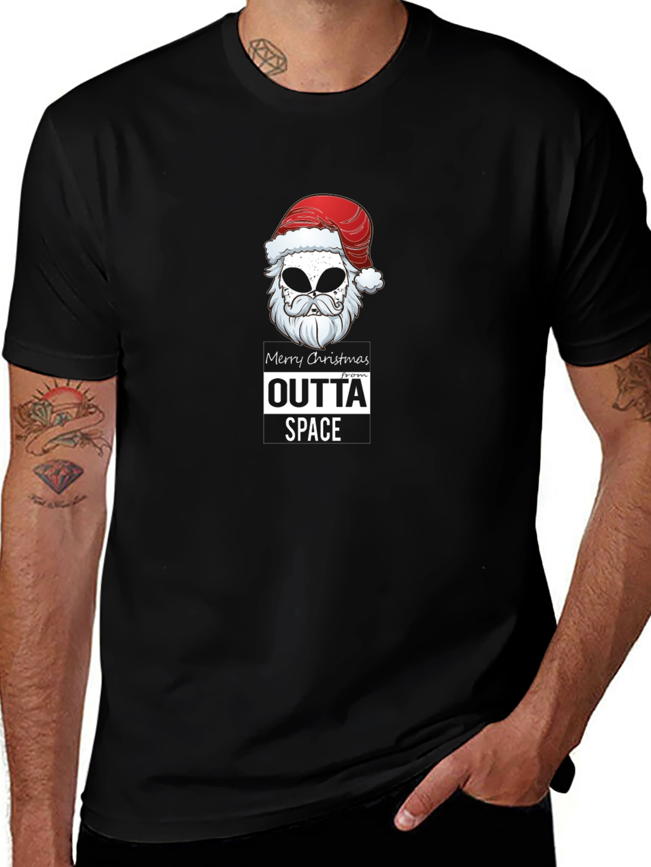 Outta Space Merry Christmas Alien Santa Black T-Shirt