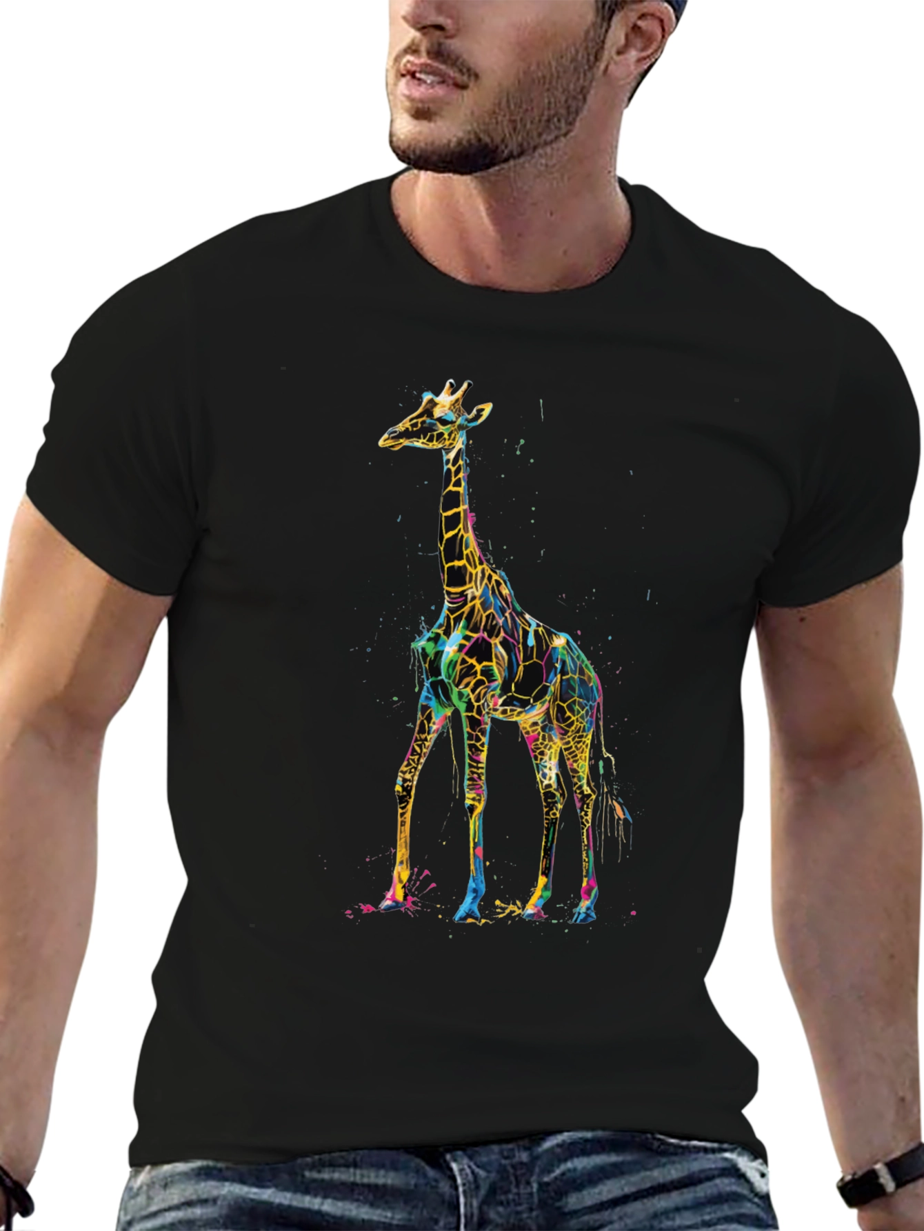 Vibrant Giraffe Print Black T-Shirt