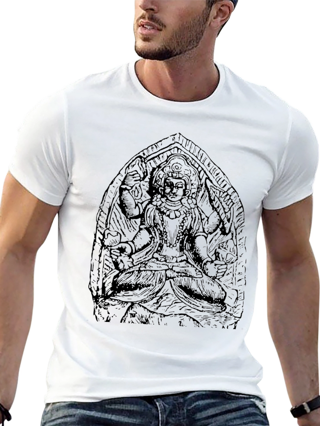 Black Graphic Tee with Indian Deity Art