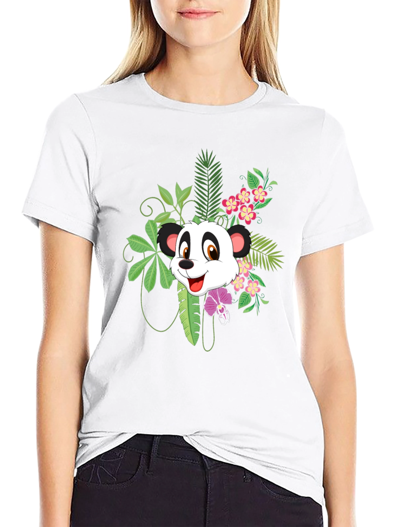 Panda & Floral Print Black T-Shirt