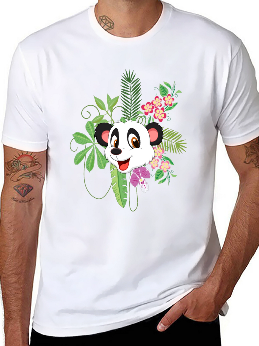 Panda & Floral Print Black T-Shirt