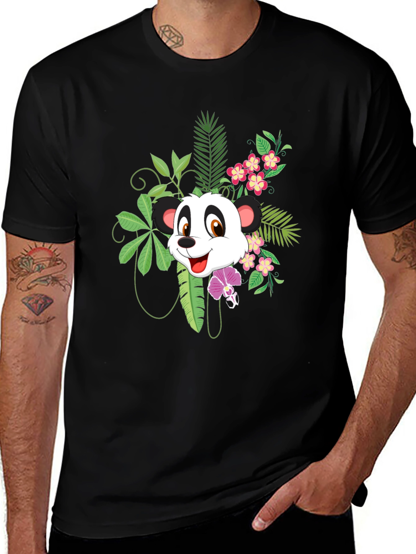 Panda & Floral Print Black T-Shirt