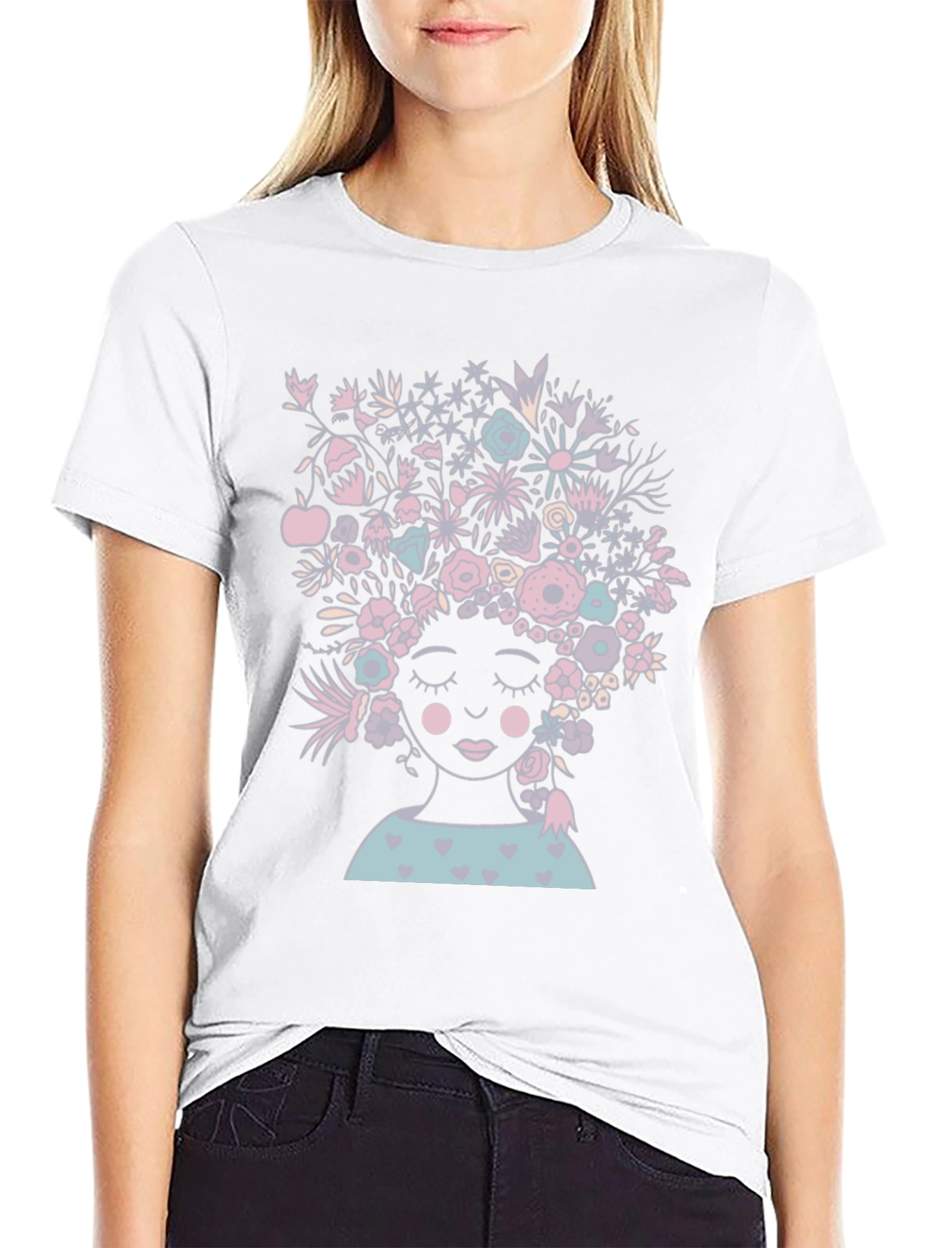 Floral Woman Graphic Tee - Black Cotton T-Shirt