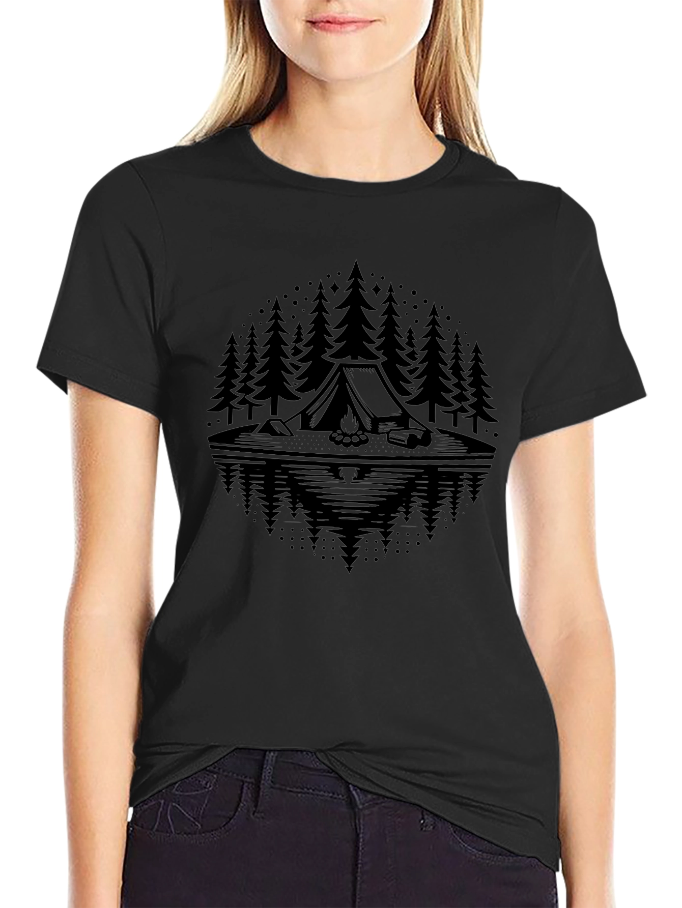 Camping Scene Graphic Tee - Black