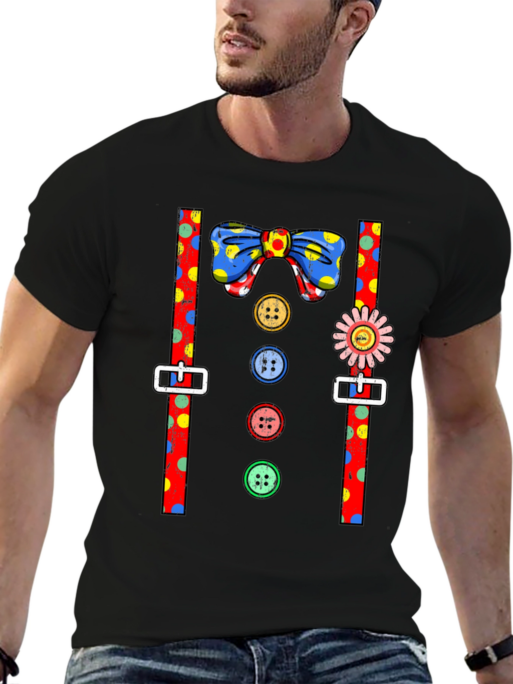 Clown Costume T-Shirt Bowtie Suspenders Buttons