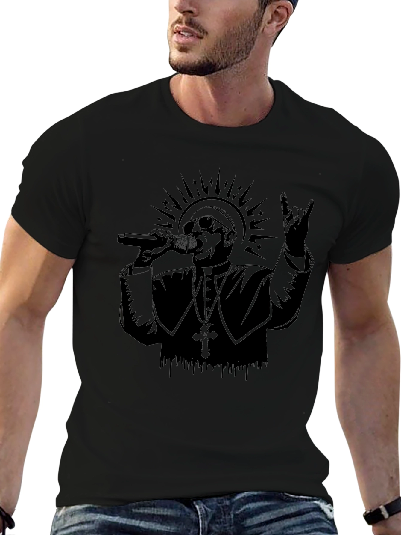 Rocker Pope Graphic Tee - Black Cotton T-Shirt