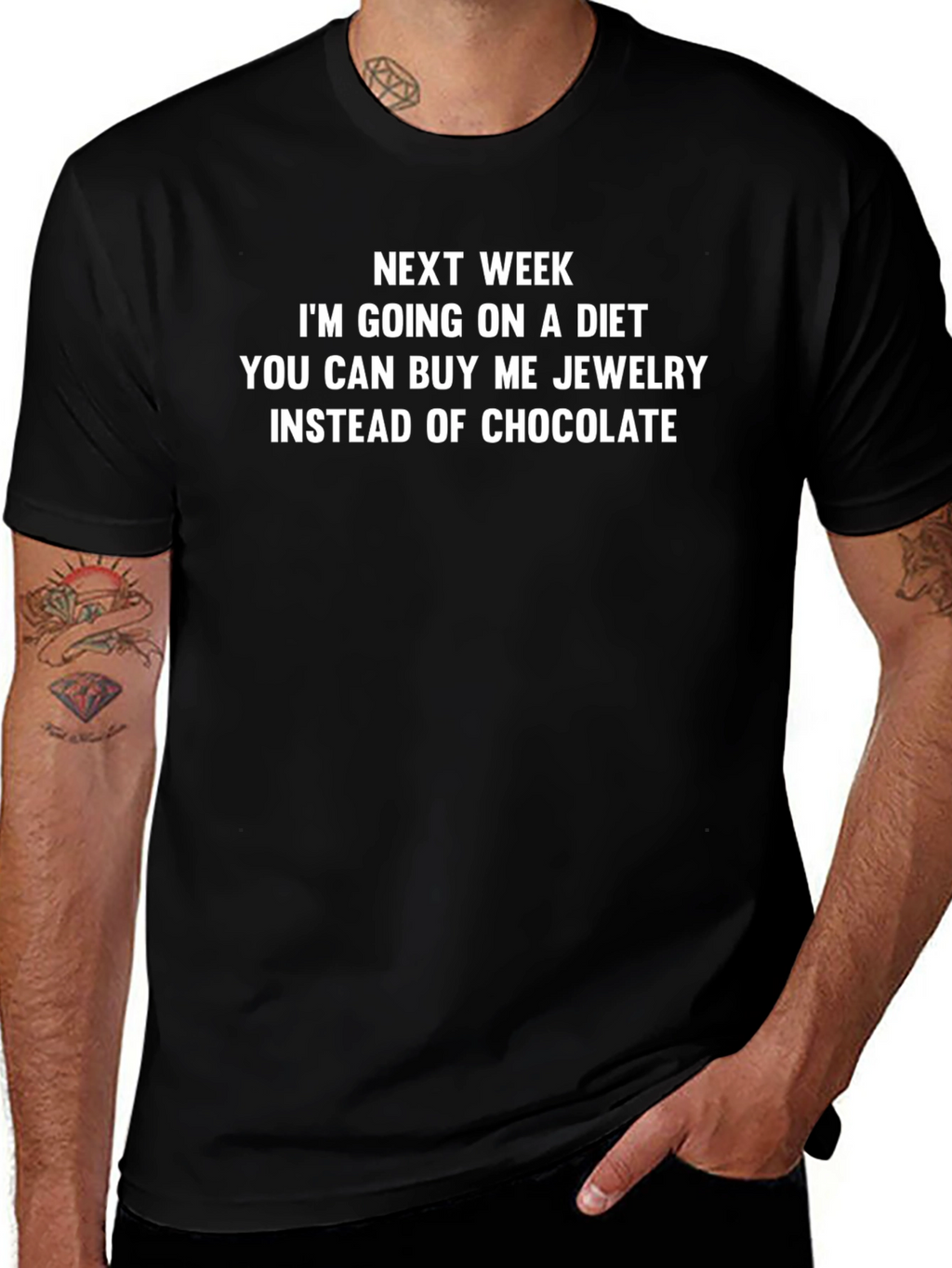 Funny Diet T-Shirt: Buy Me Jewelry Not Chocolate!