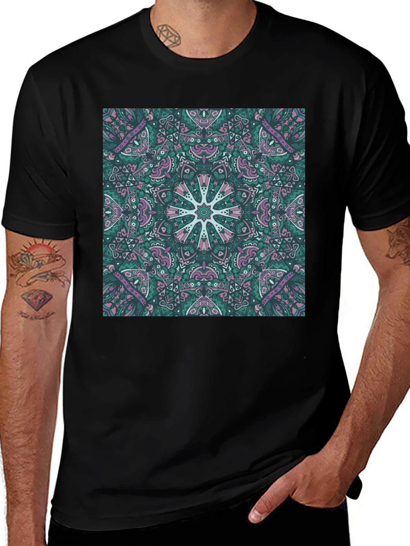 Abstract Mandala Print Black T-Shirt