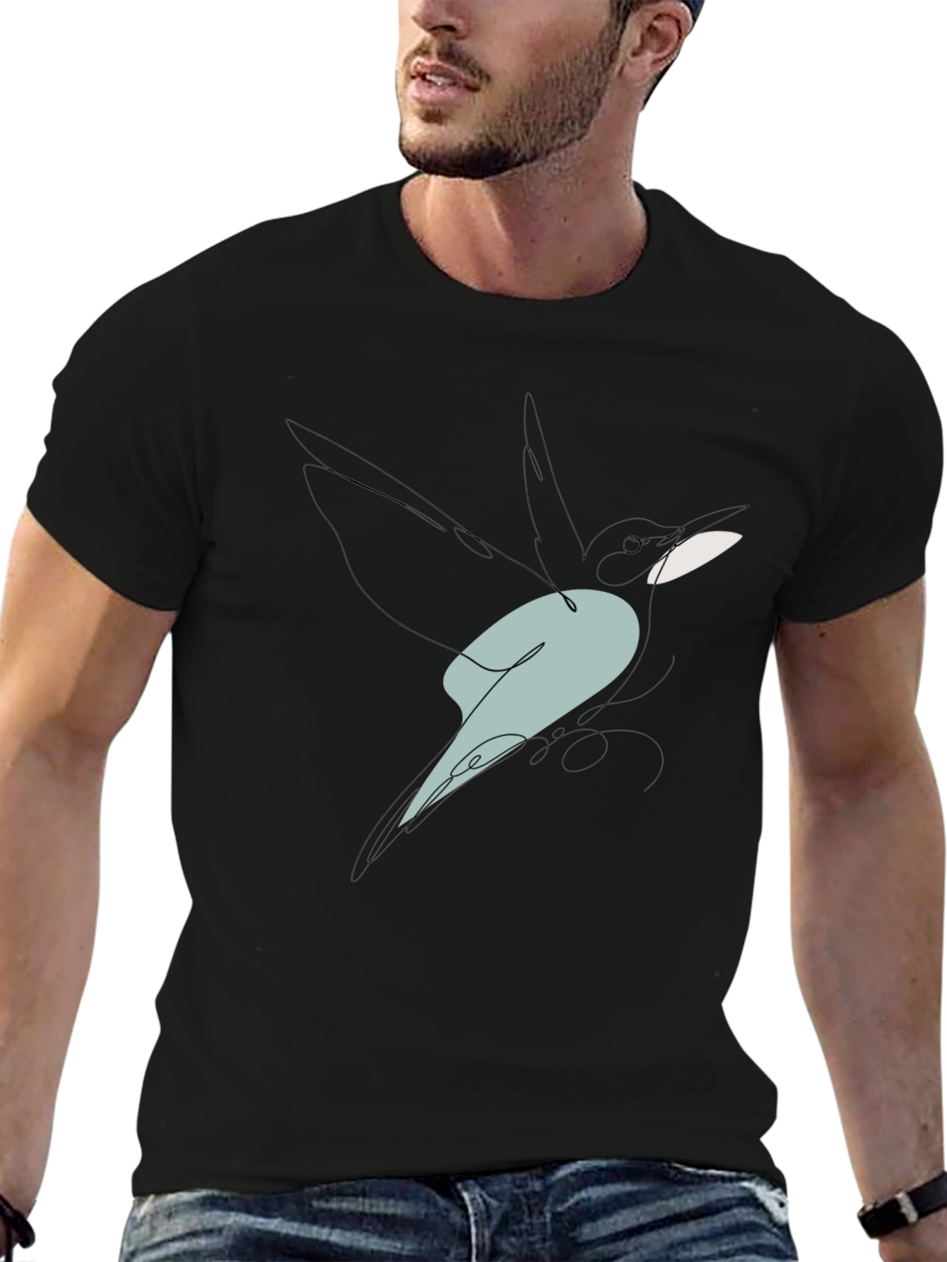 Abstract Bird Line Art Graphic Tee - Black