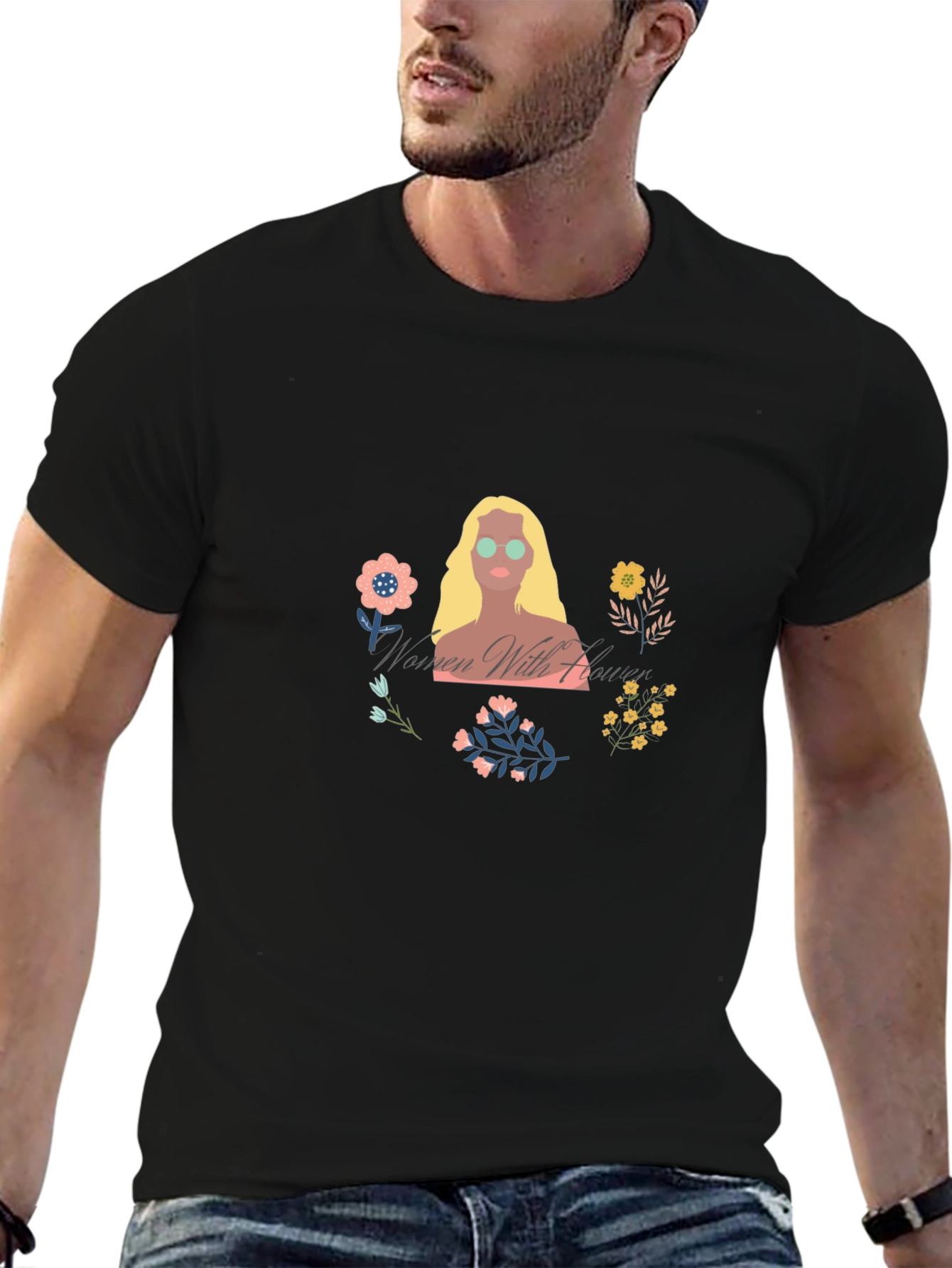 Women with Flowers Graphic Tee - Black
