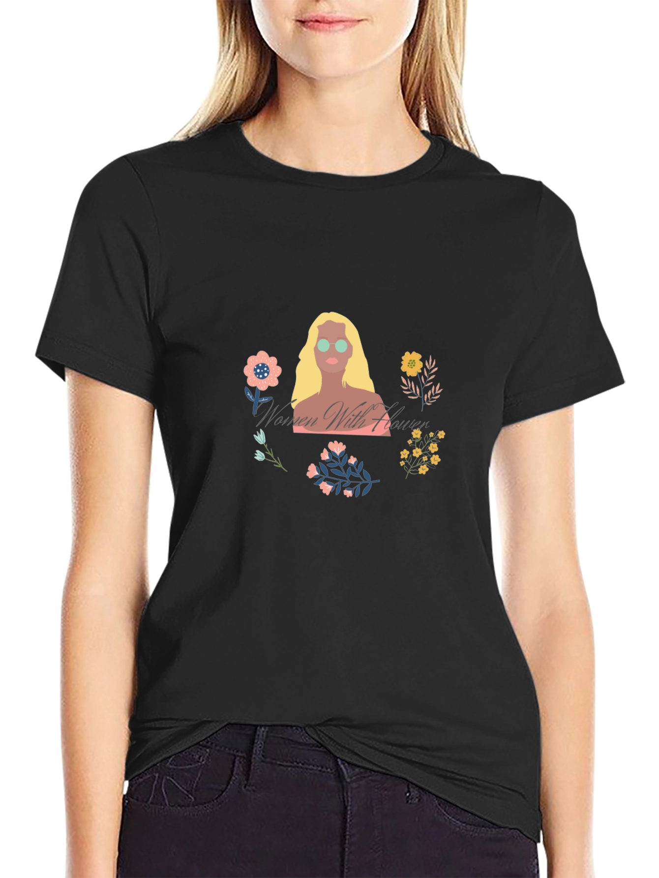 Women with Flowers Graphic Tee - Black