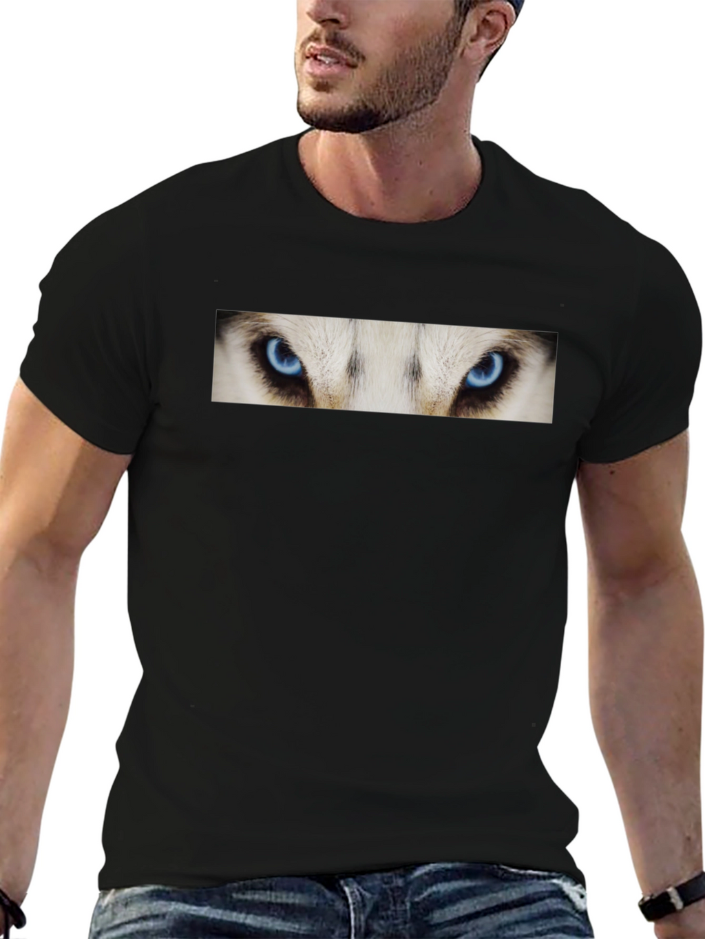 Black T-Shirt with Striking Wolf Eyes Graphic Print