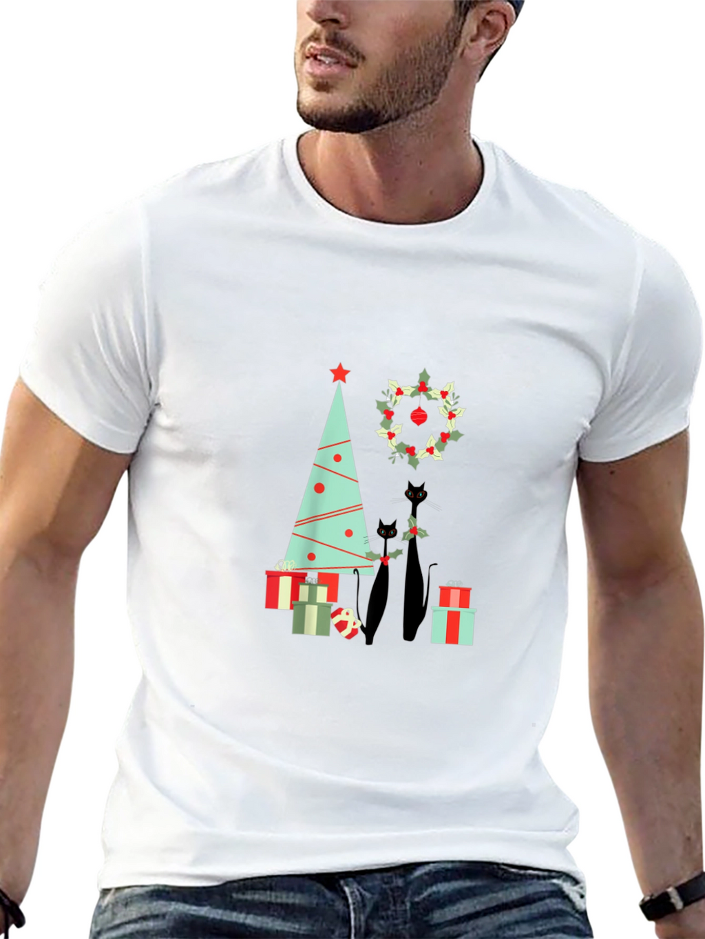 Holiday Cat T-Shirt: Christmas Tree & Wreath Design