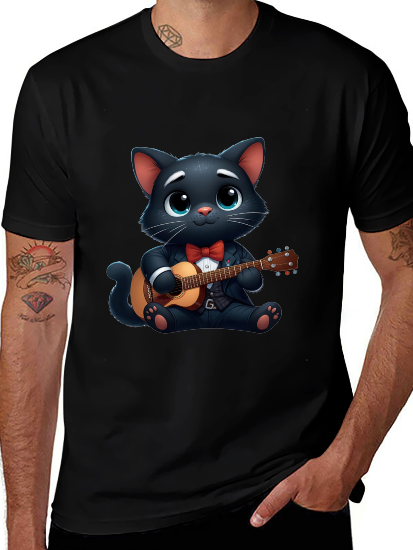 Cat Playing Guitar T-Shirt - Cute Cartoon Animal Tee