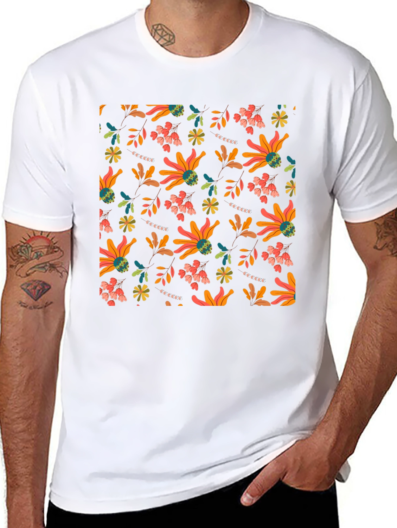 Floral Patterned Black T-Shirt
