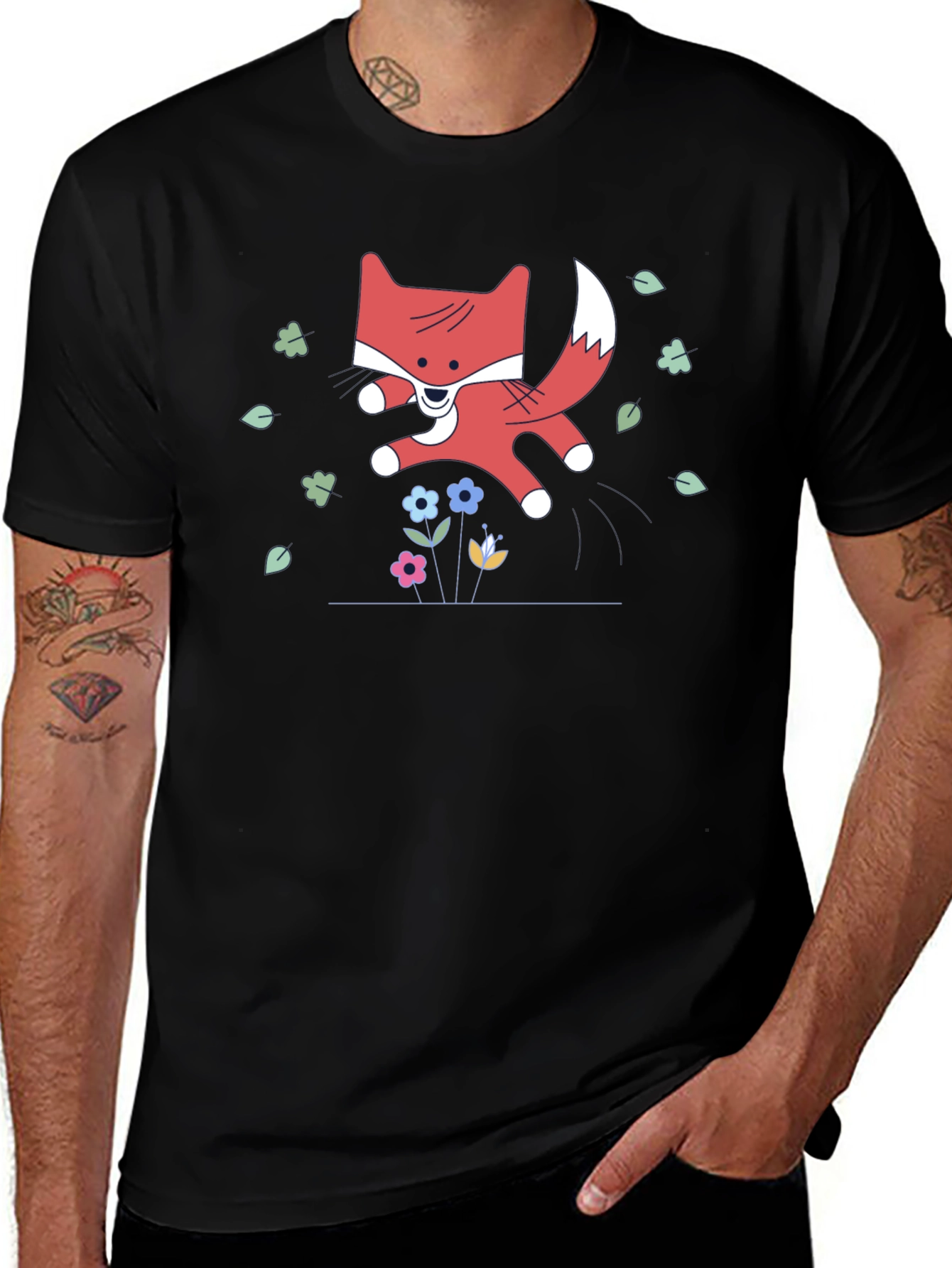 Cute Cartoon Fox Black T-Shirt