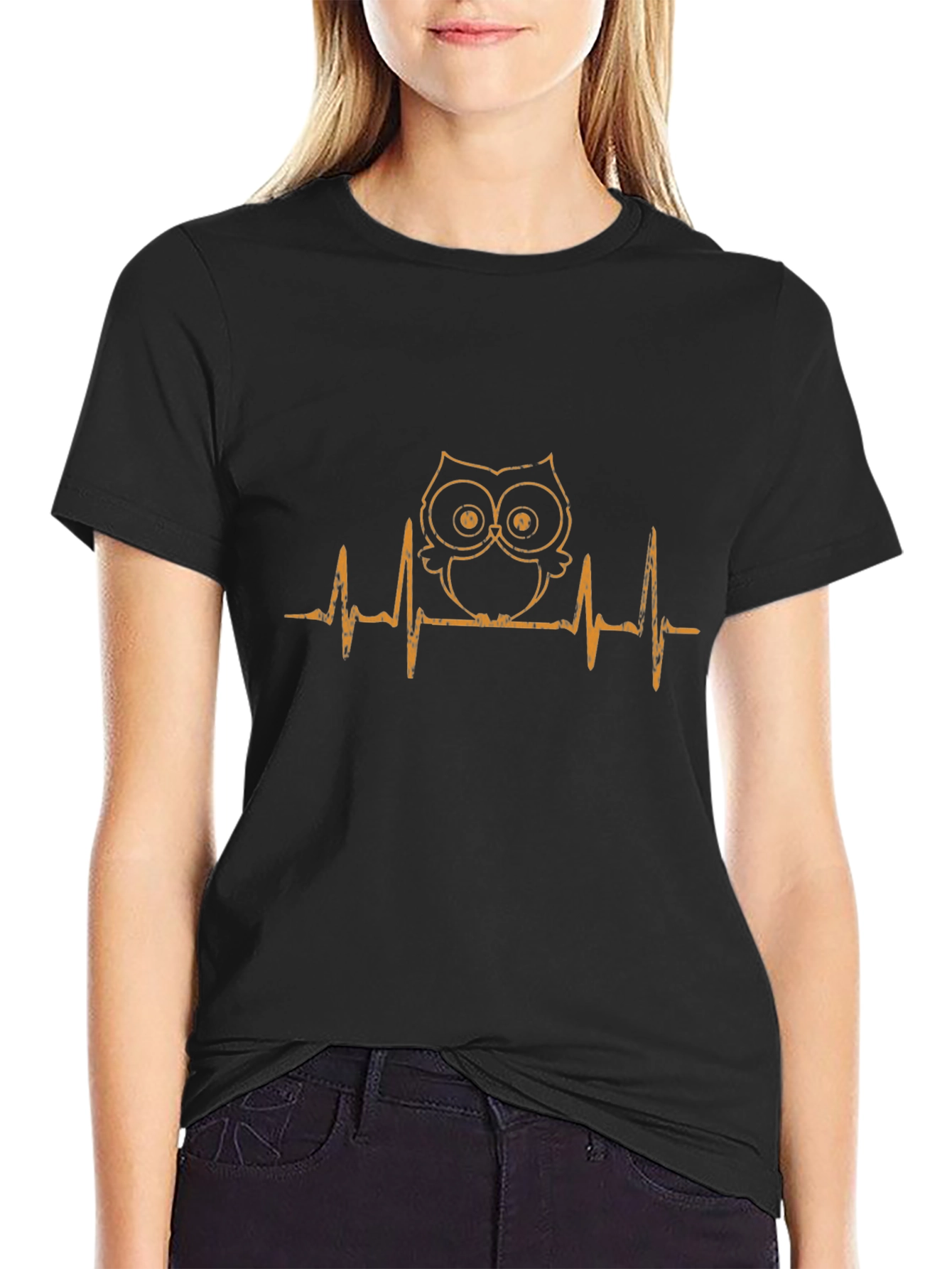 Owl Heartbeat Graphic T-Shirt - Black