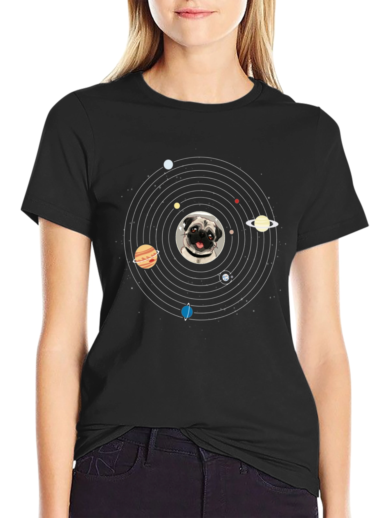 Pug in Space Mens Black T-Shirt