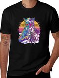 Retro Cat Warrior Graphic Tee - Black