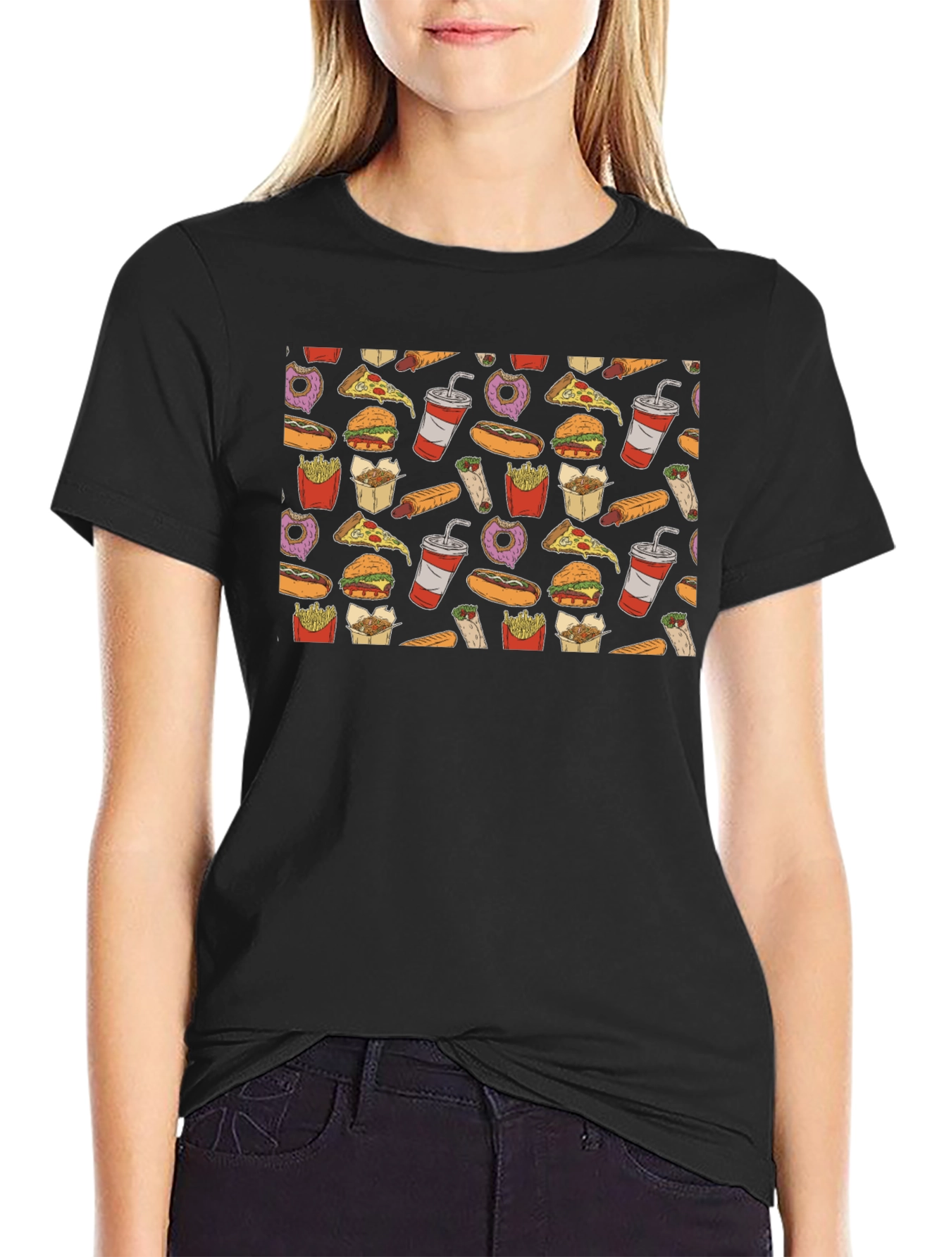 Junk Food Pattern T-Shirt - Black Casual Wear