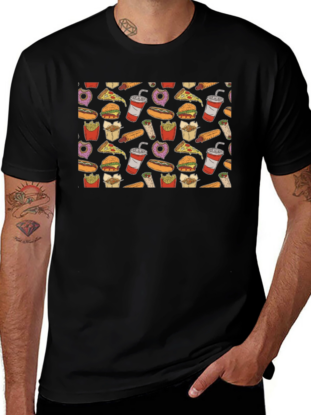 Junk Food Pattern T-Shirt - Black Casual Wear
