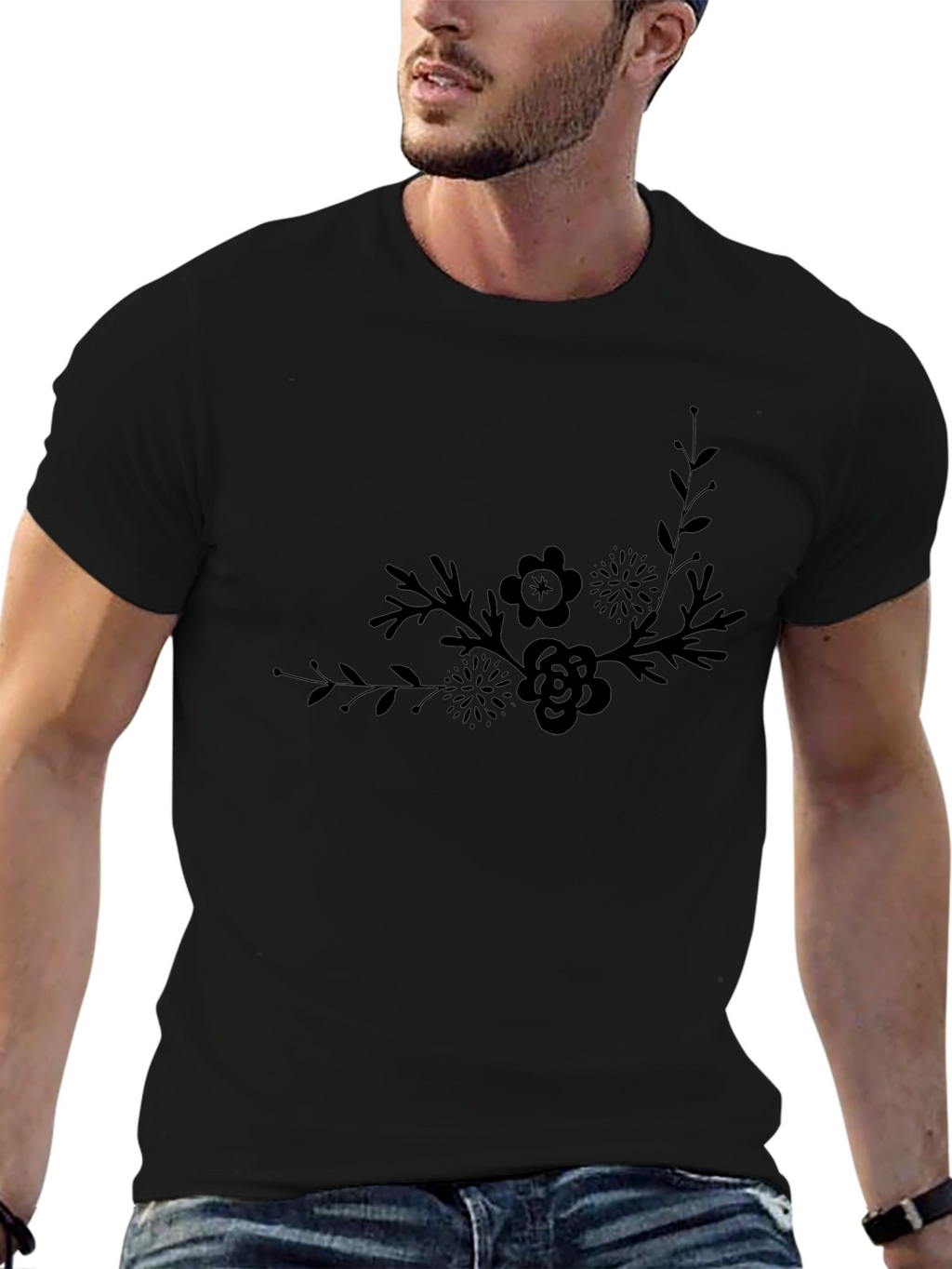 Elegant Floral Graphic Black T-Shirt