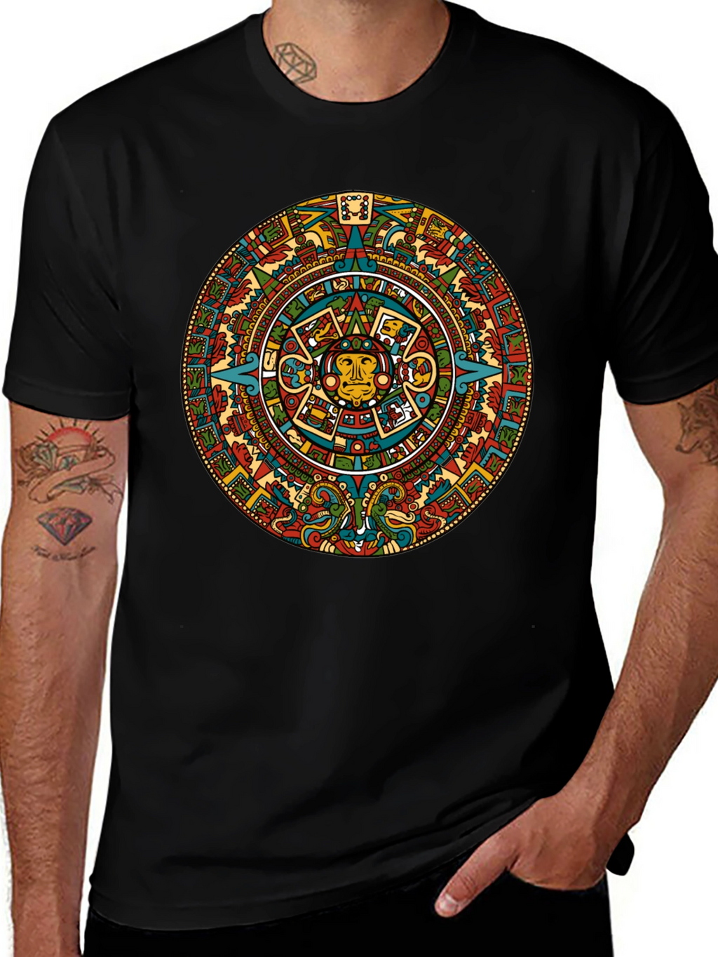 Aztec Calendar Graphic Tee - Black Crew Neck T-Shirt