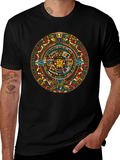 Aztec Calendar Graphic Tee - Black Crew Neck T-Shirt