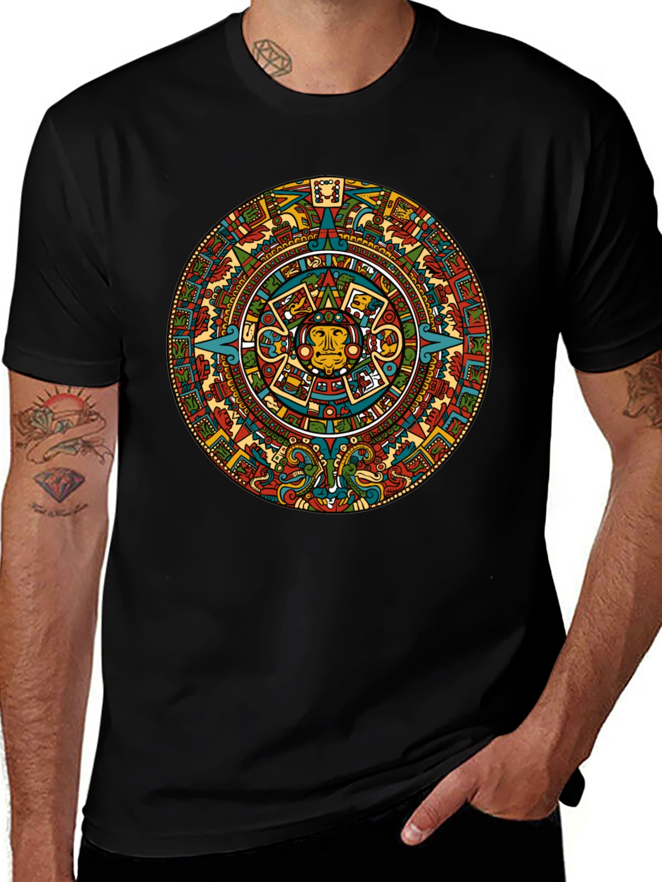Aztec Calendar Graphic Tee - Black Crew Neck T-Shirt