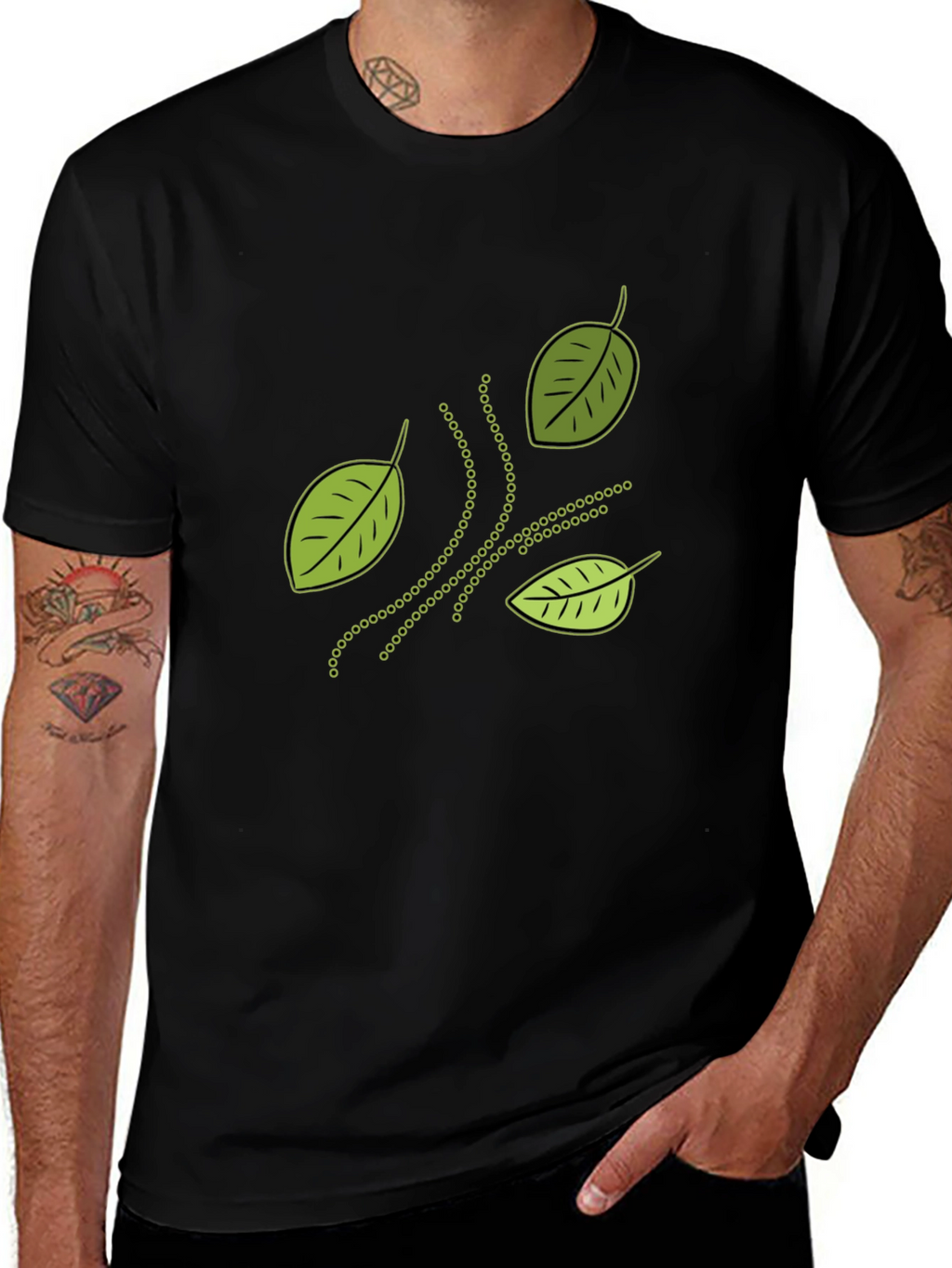 Nature Inspired Leaf Patterned Black T-Shirt