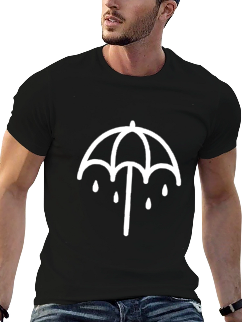 Black T-Shirt with Umbrella Graphic