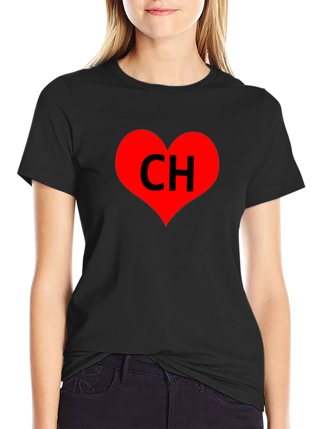 Black T-Shirt with Red Heart CH Graphic Print