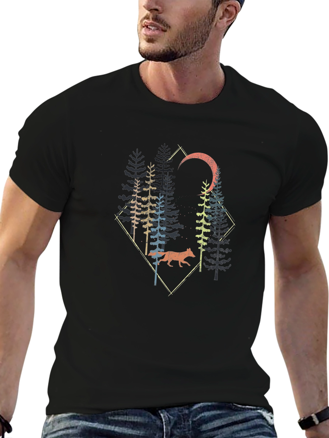 Nature Wolf Forest Graphic Print Black T-Shirt