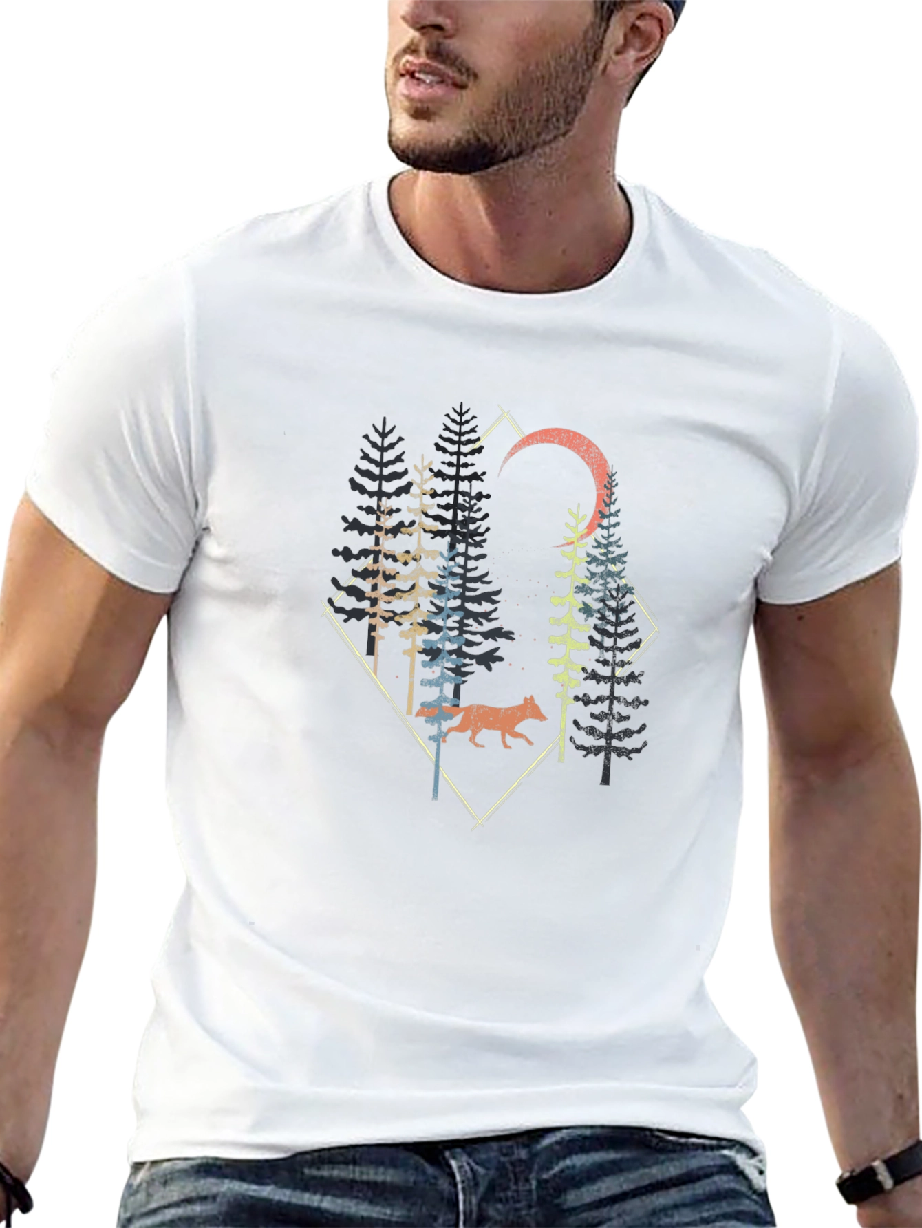 Nature Wolf Forest Graphic Print Black T-Shirt