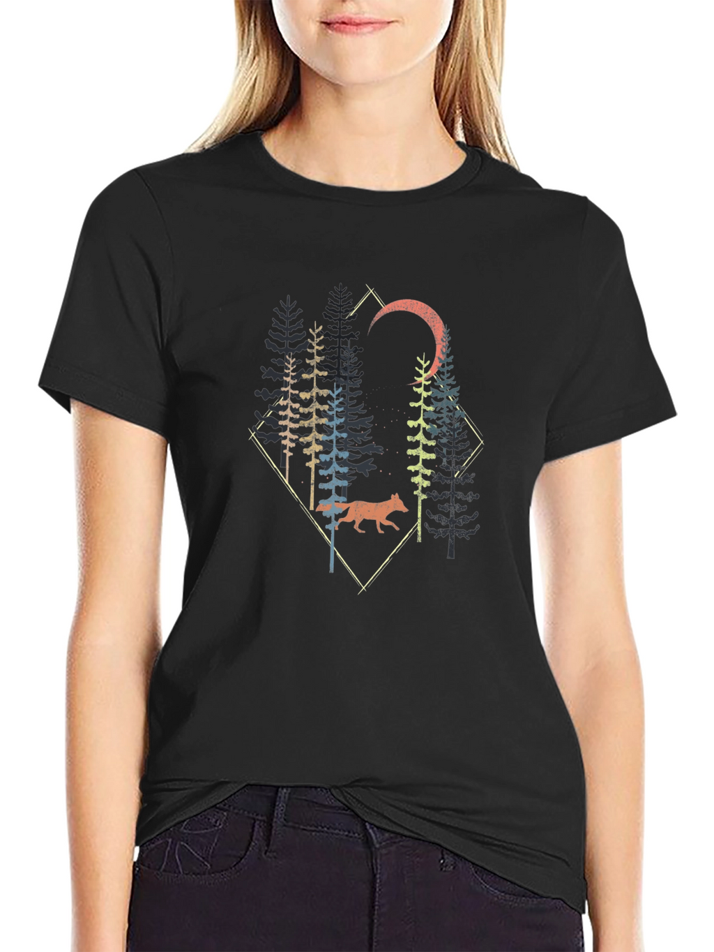 Nature Wolf Forest Graphic Print Black T-Shirt