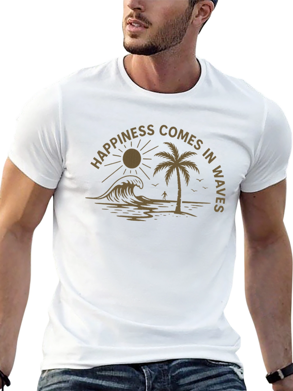 Happiness Comes in Waves Black Graphic Tee