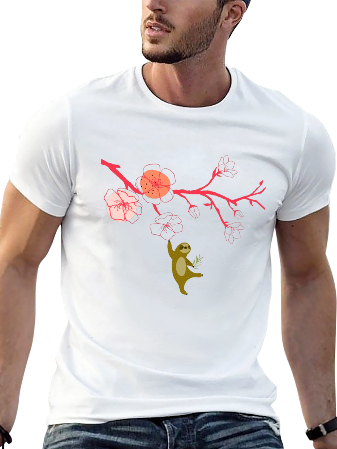 Sloth & Cherry Blossom Graphic Tee - Relaxed Fit