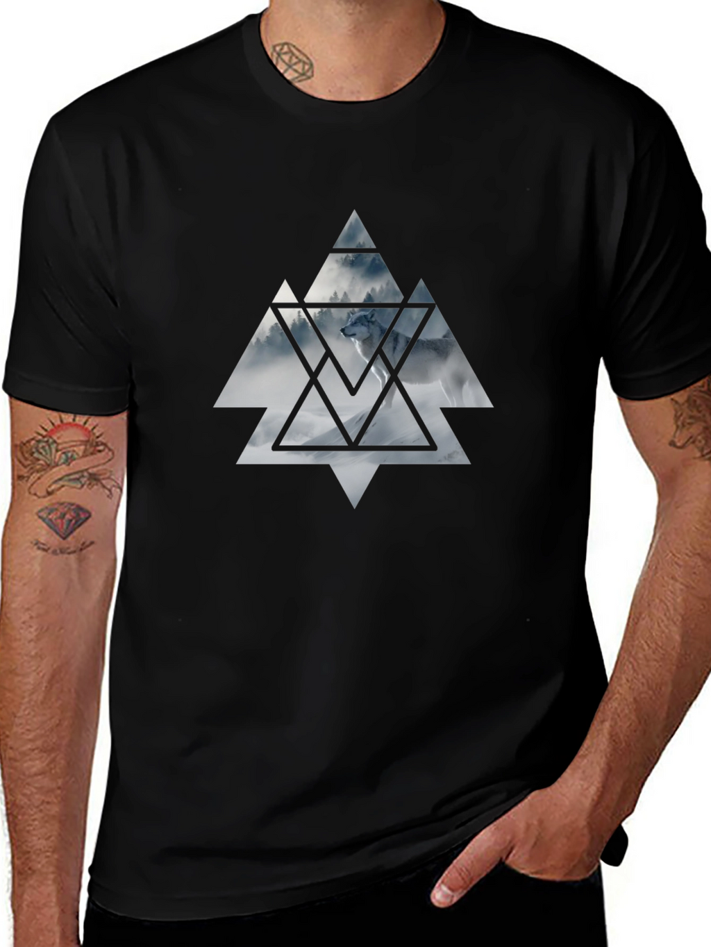 Mens Black T-Shirt Wolf Triangle Graphic Tee