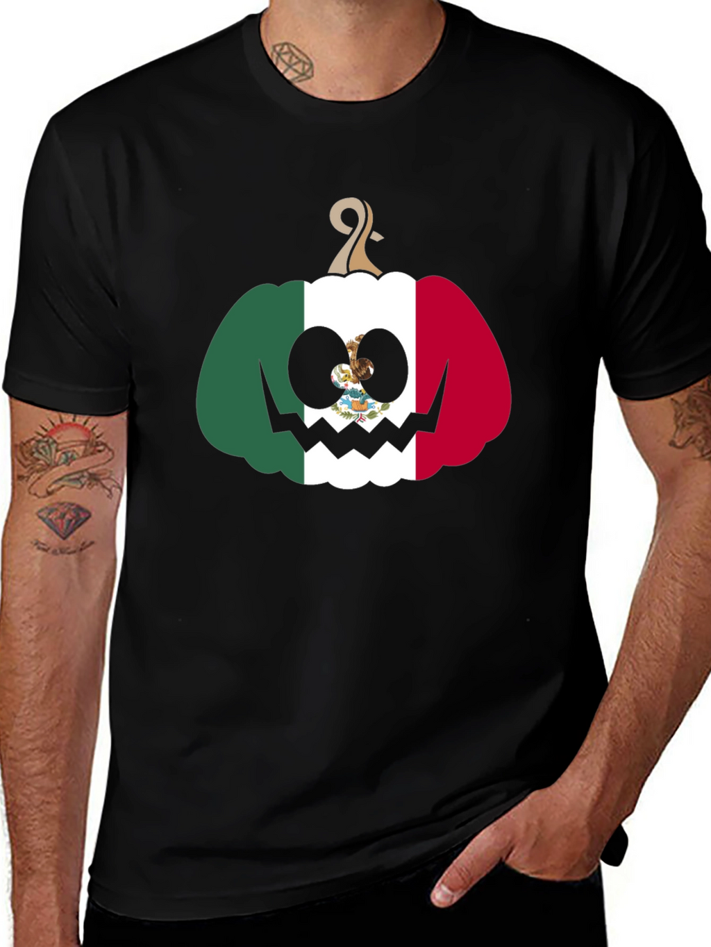 Mexican Flag Pumpkin Halloween Black T-Shirt
