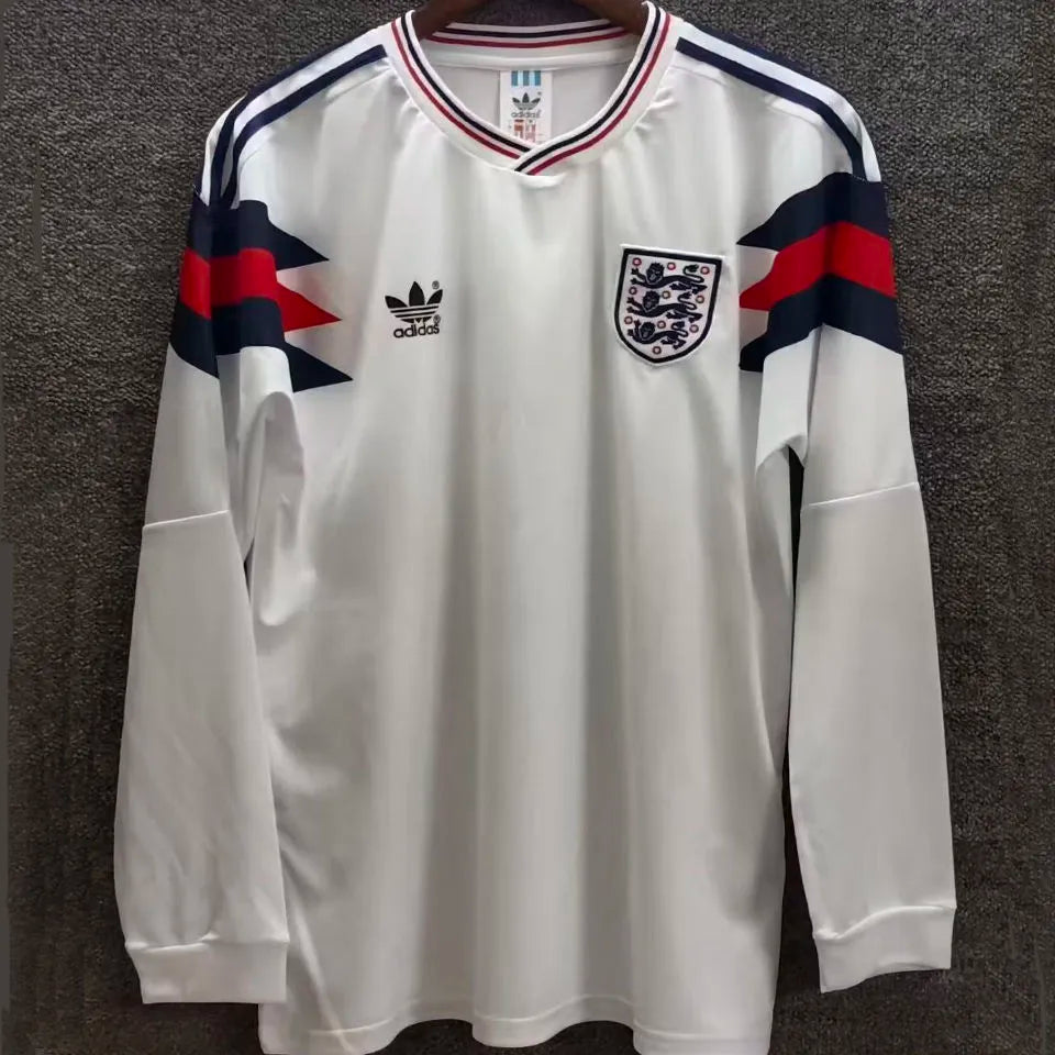 1990 England White Retro Long Sleeve Soccer Jersey Front
