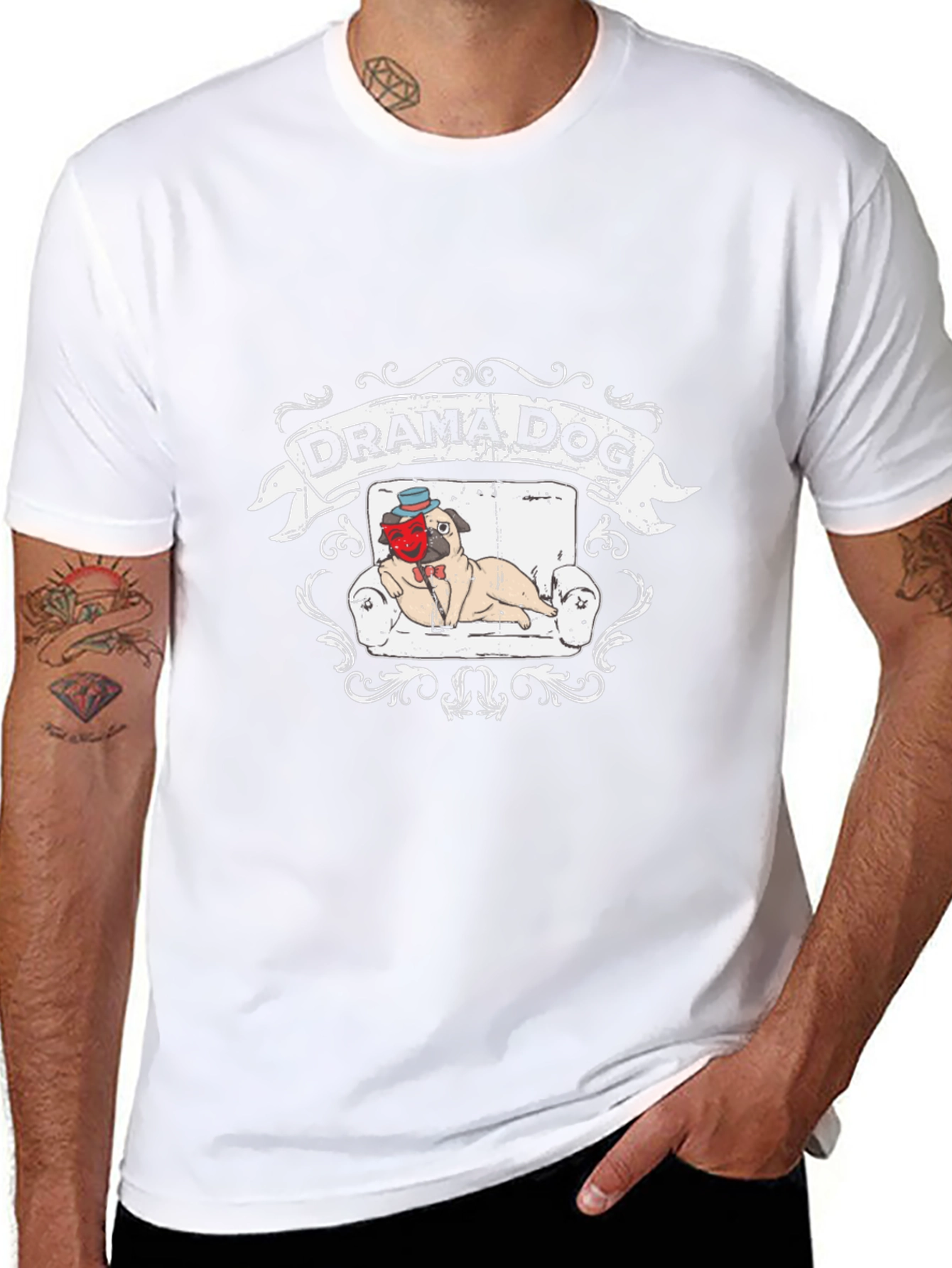 Drama Dog T-Shirt: Pug on Couch Theatrical Design